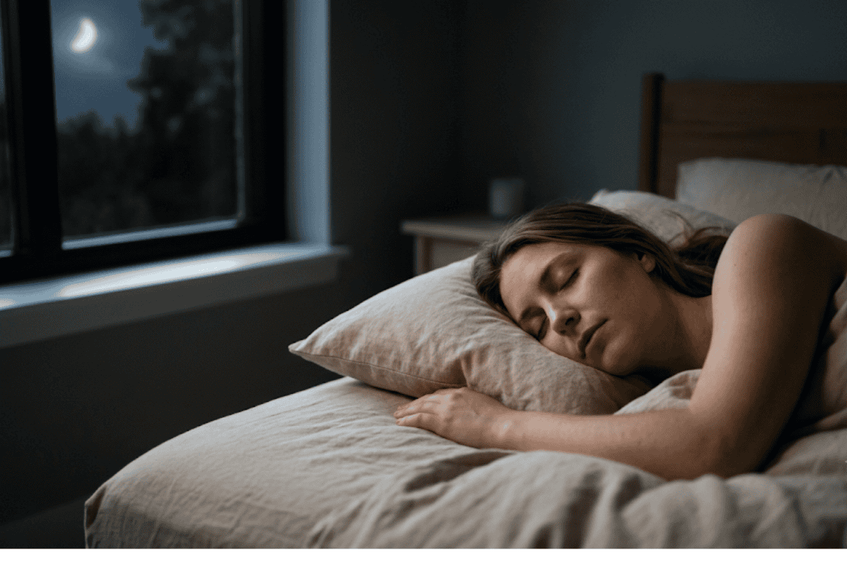 Woman sleeping on a bed with beige sheets, resting her head on a pillow by a window at night.