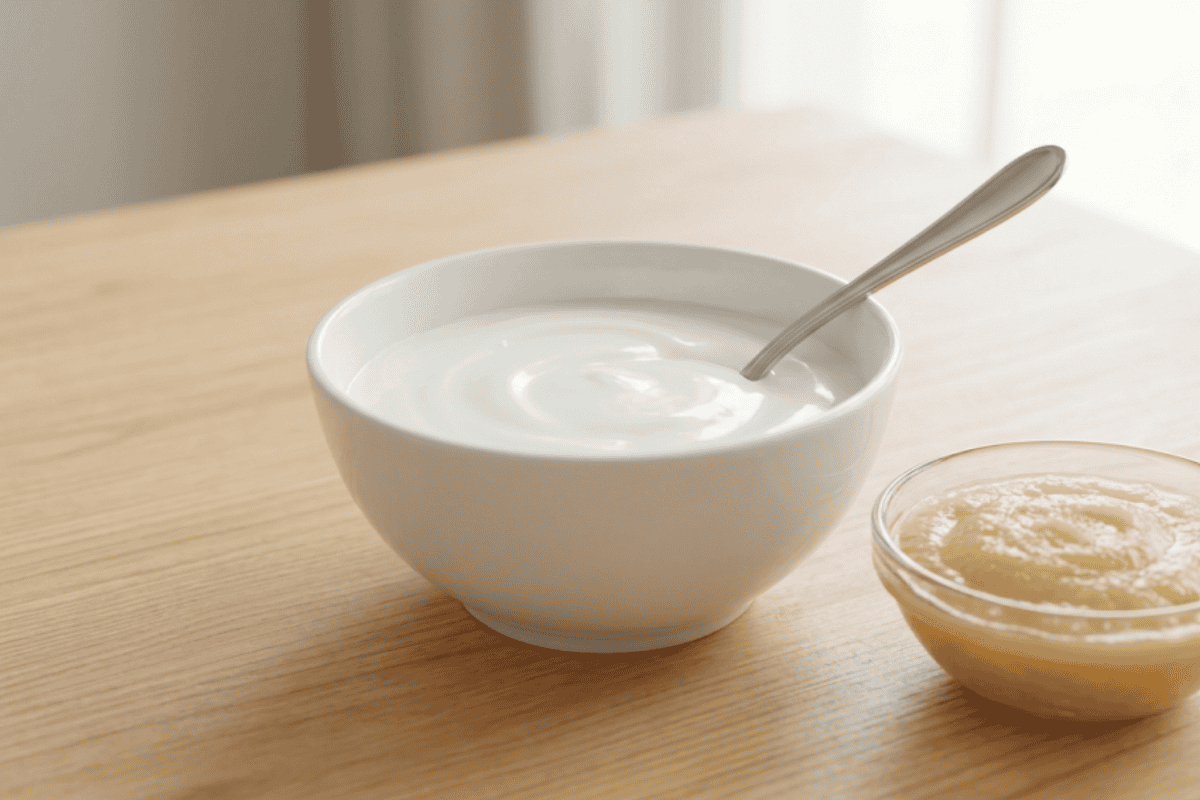 White bowl of yogurt with a spoon on a wooden table, a small jar of honey beside it.