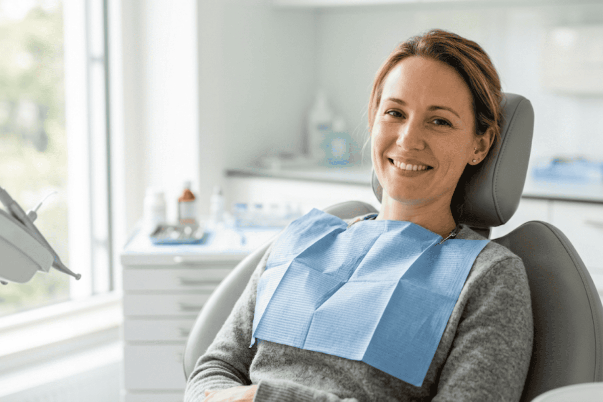 Smiling woman seated in a dental chair wearing a blue protective bib in a bright clinic setting.