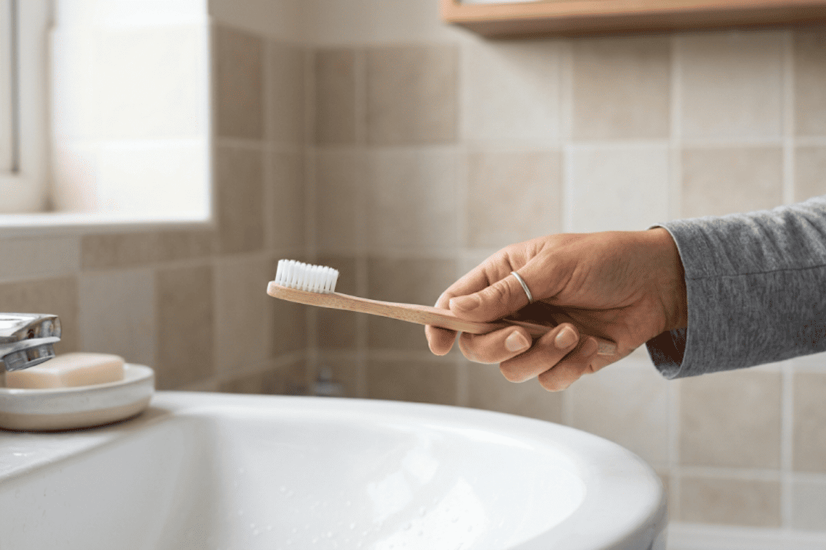 Person holds a bamboo toothbrush over a bathroom sink, ready to brush teeth.
