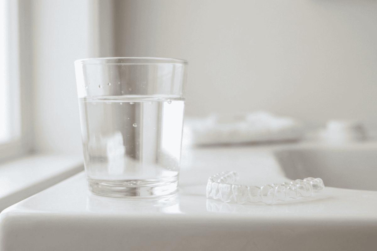 A glass of water on a white countertop with a clear dental aligner placed beside it on the right side of the surface.