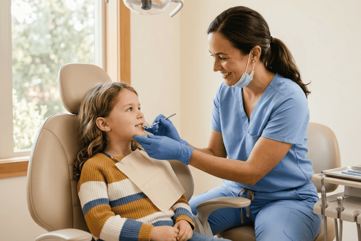 Dentist in blue scrubs checks a young girl's teeth in a dental chair during a checkup, both smiling? not ideal.