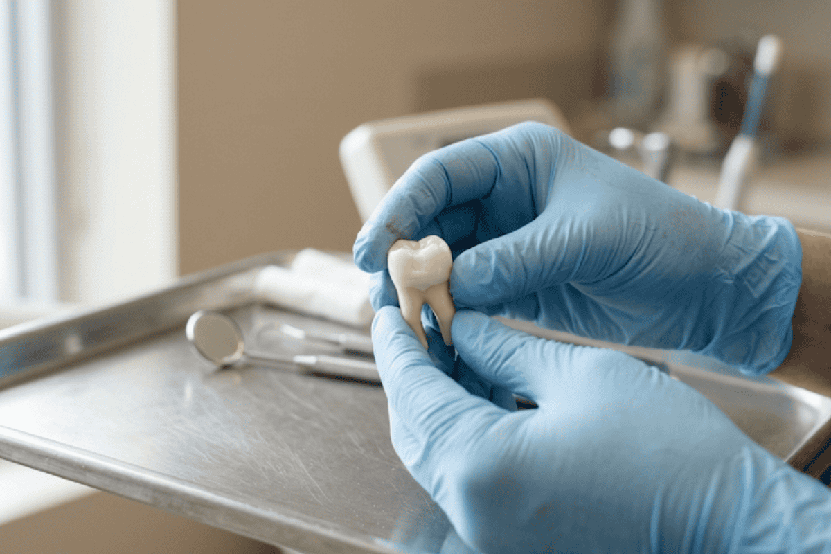 Gloved hands hold a dental tooth model over a metal tray in a clinic setting