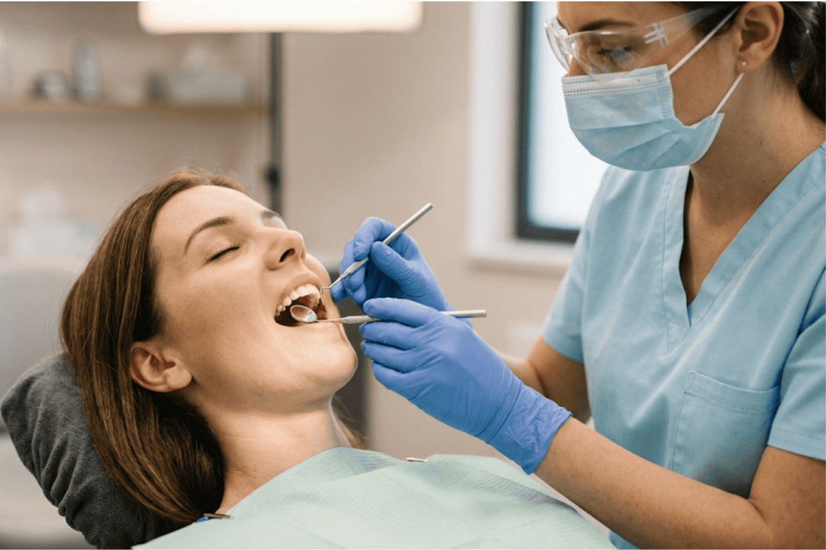 Dentist in mask and gloves uses dental tools while examining a patient's open mouth.
