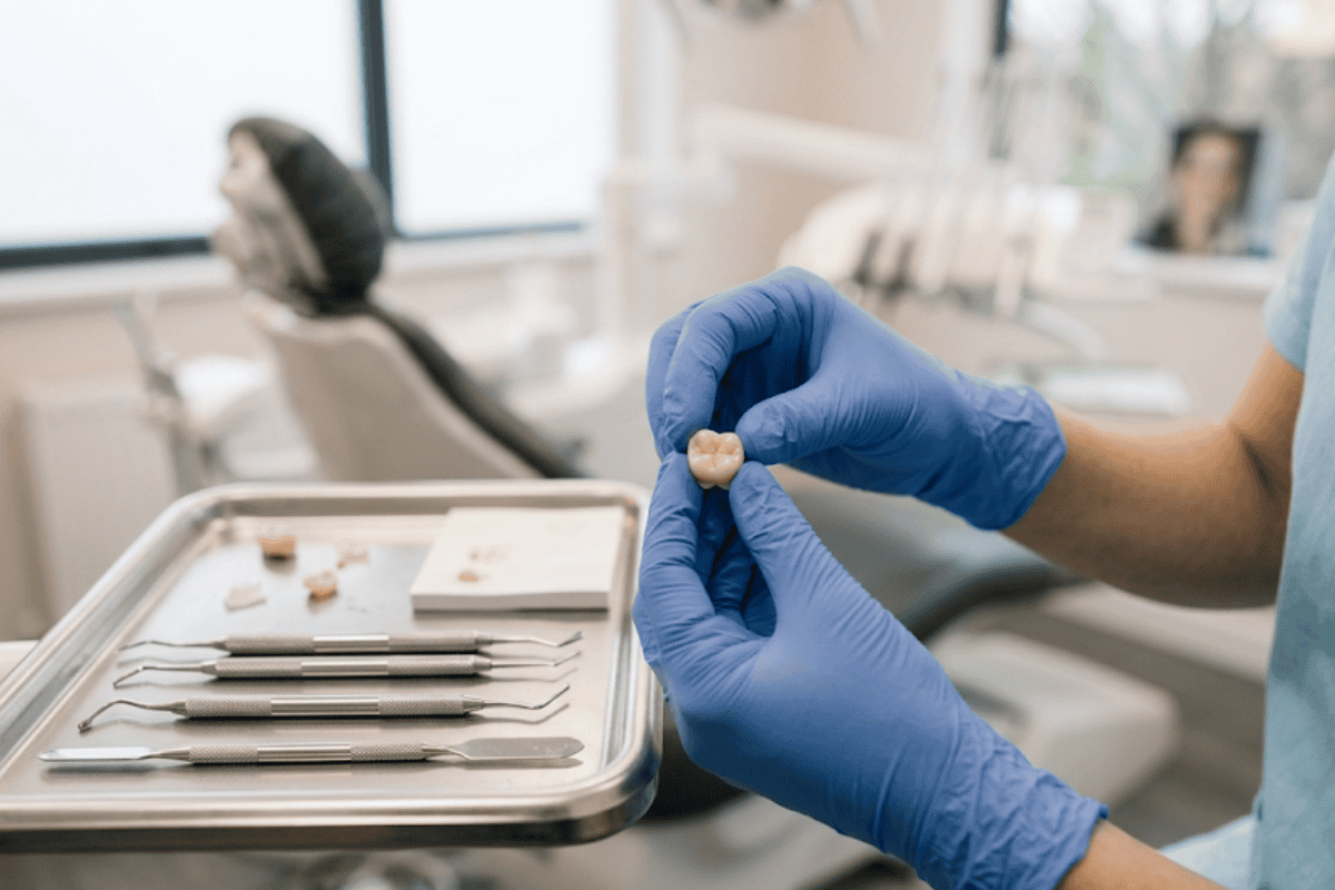 Dental professional in blue gloves holding a tooth model over a tray of dental instruments in a clinic environment.