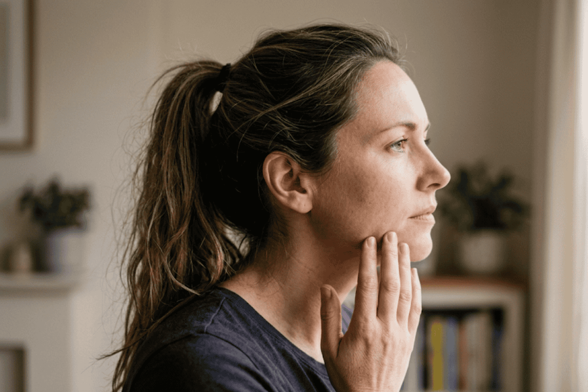 Profile of a woman looking out a window, resting her chin on her hands in a contemplative pose.
